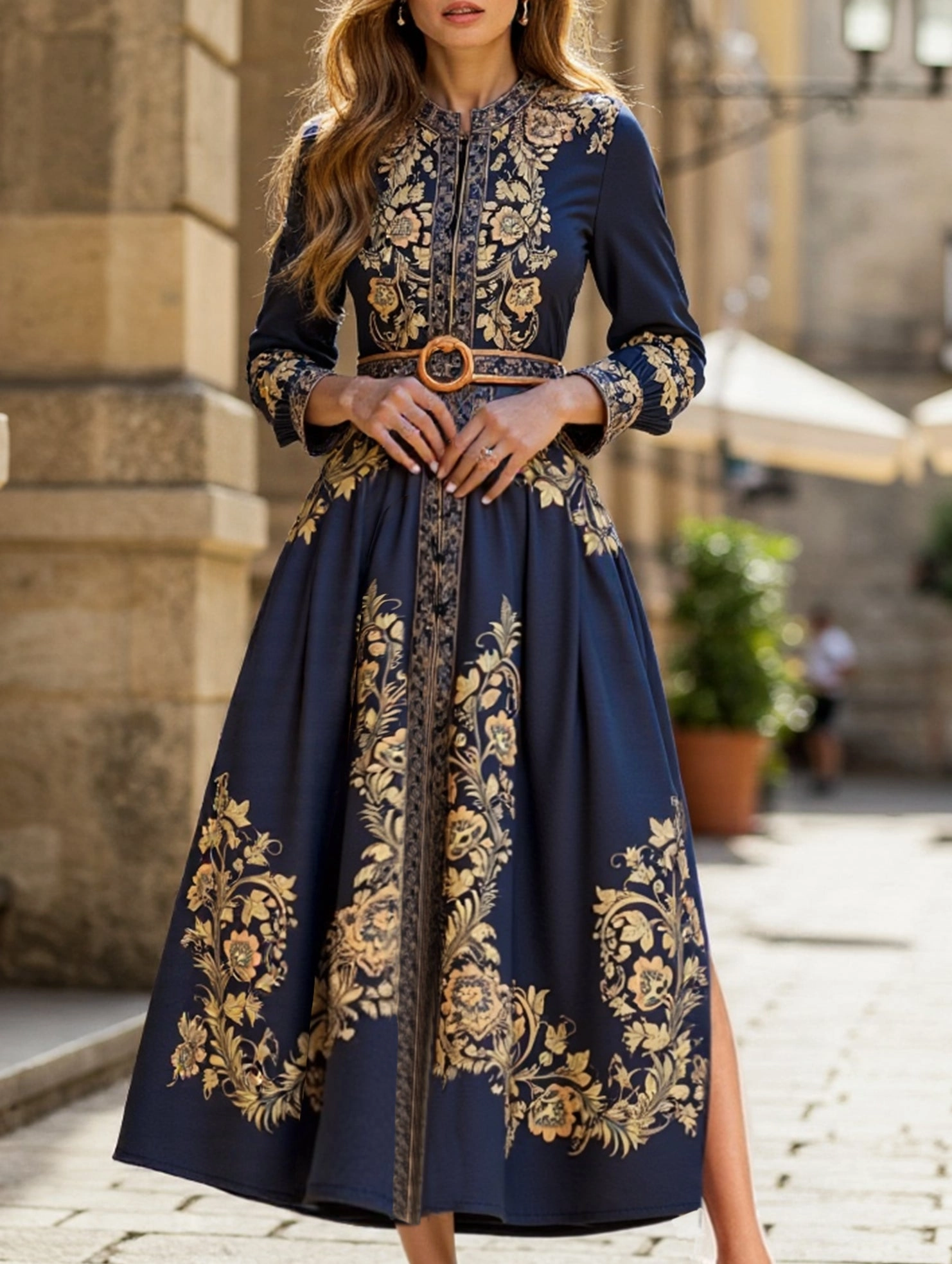 Casual Layering Layer Safe RETRO PALACE STYLE PRINT STAND COLLAR SLIT DRESS