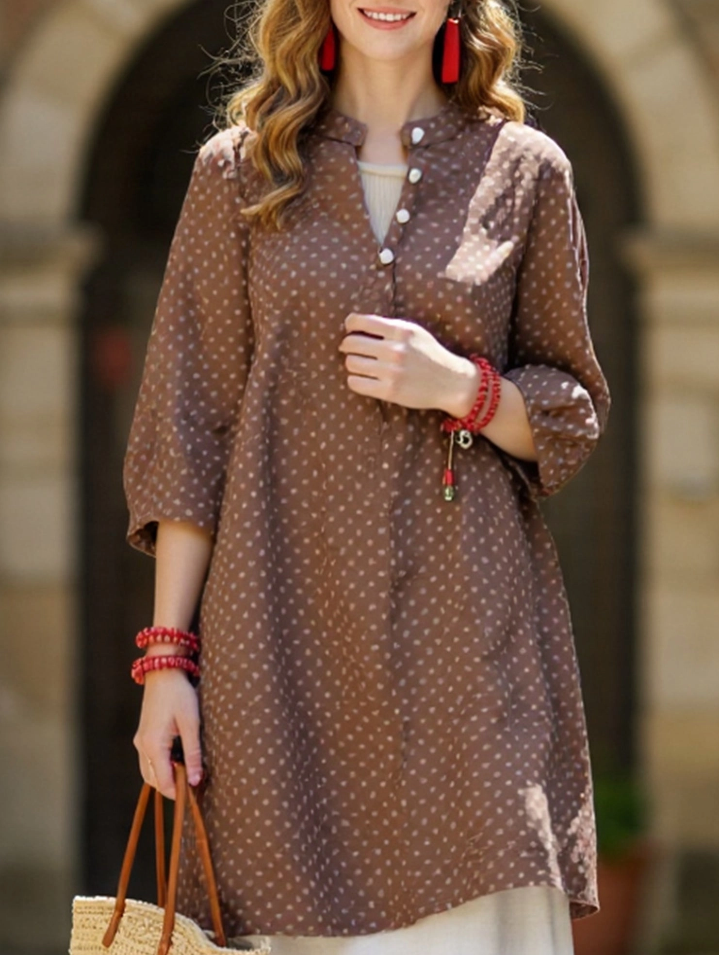 Tagless Collar Anti Slip Shoulder Padding Retro Polka Dot Casual Loose Midi Shirt