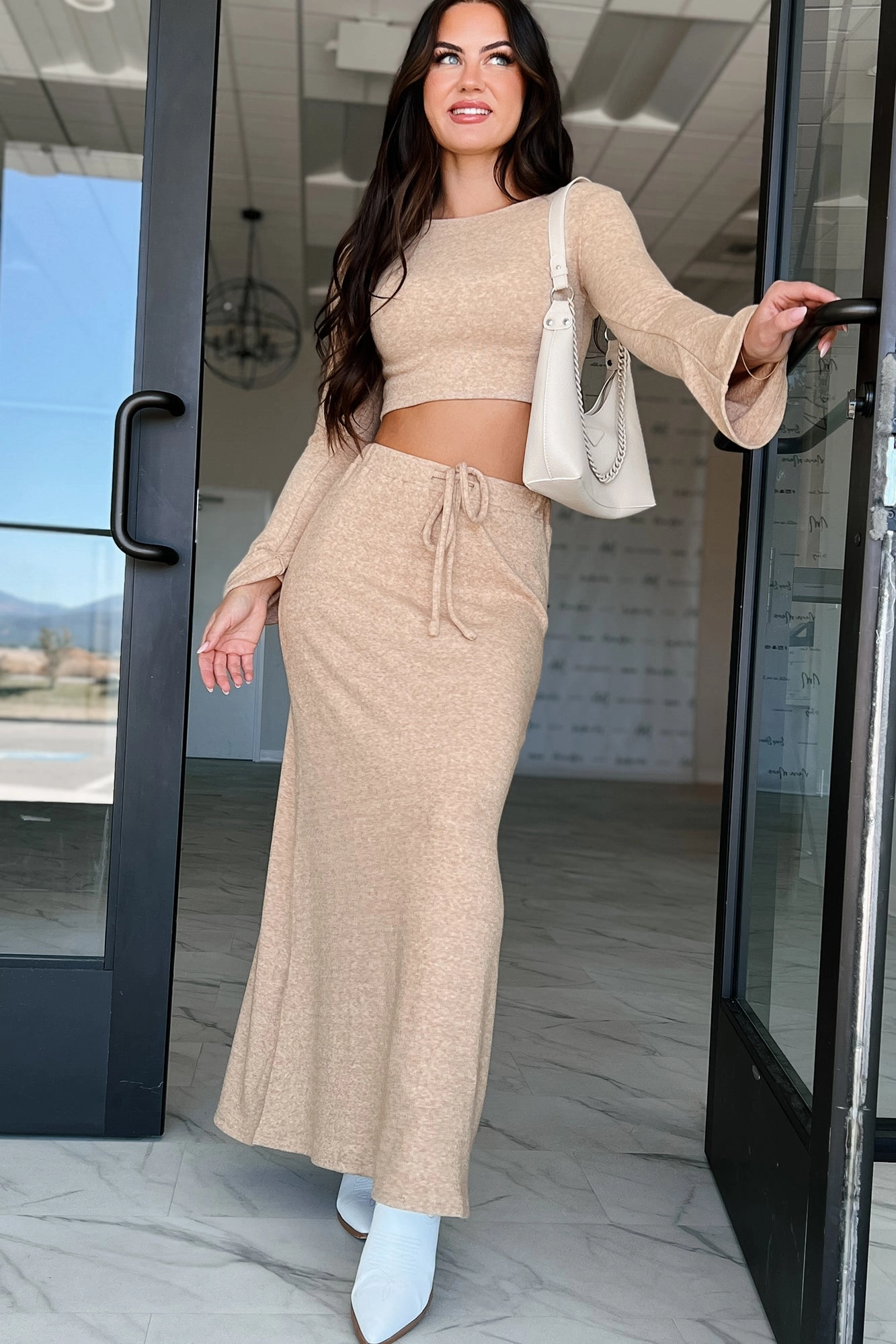 Minimal Stretch Fit Cool Comfort Rewriting The Script Brushed Knit Maxi Skirt (Oatmeal)