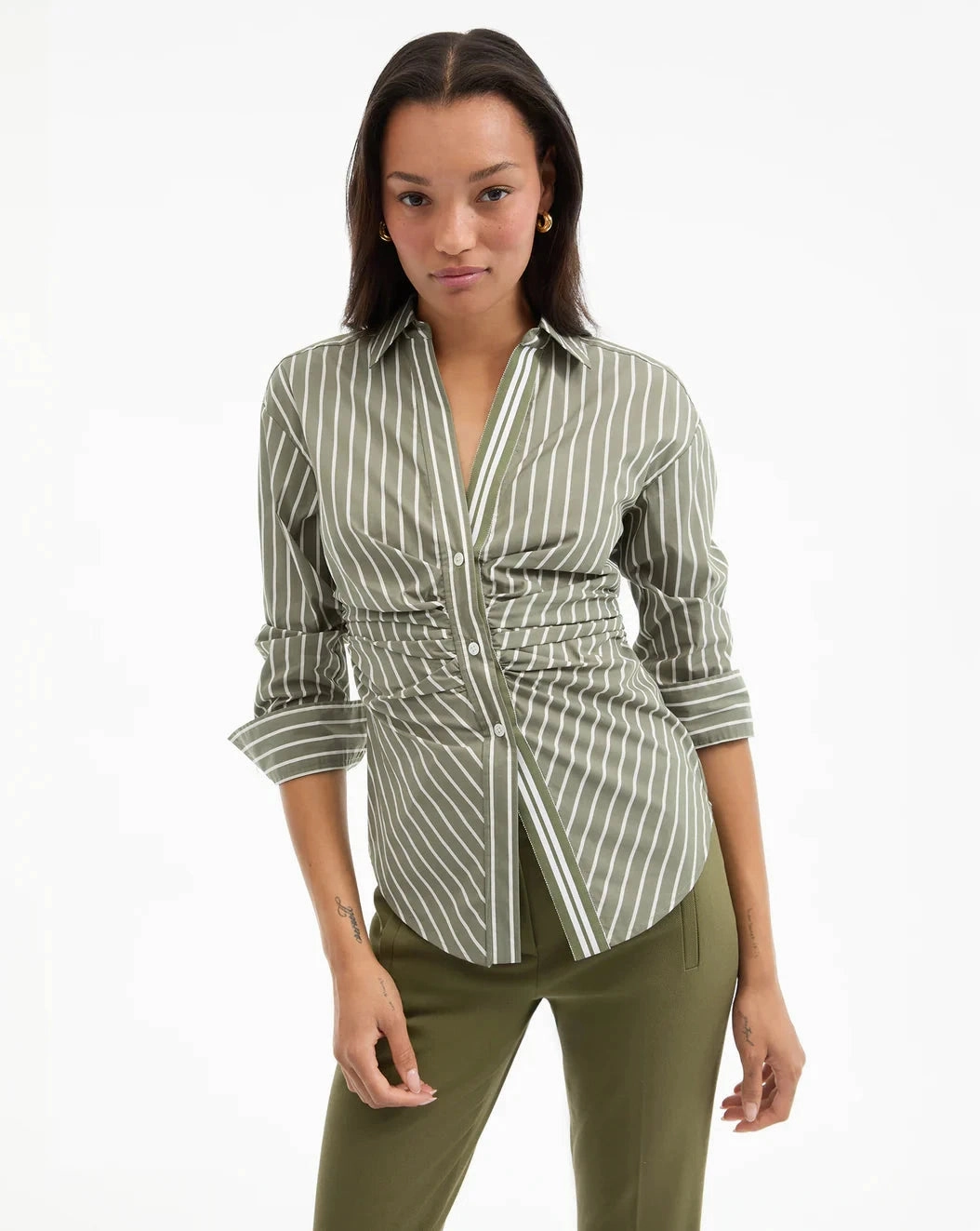 Devra Ruched Button-Down Shirt Stone Army/White BrushedInnerLining FadeResistant Finish