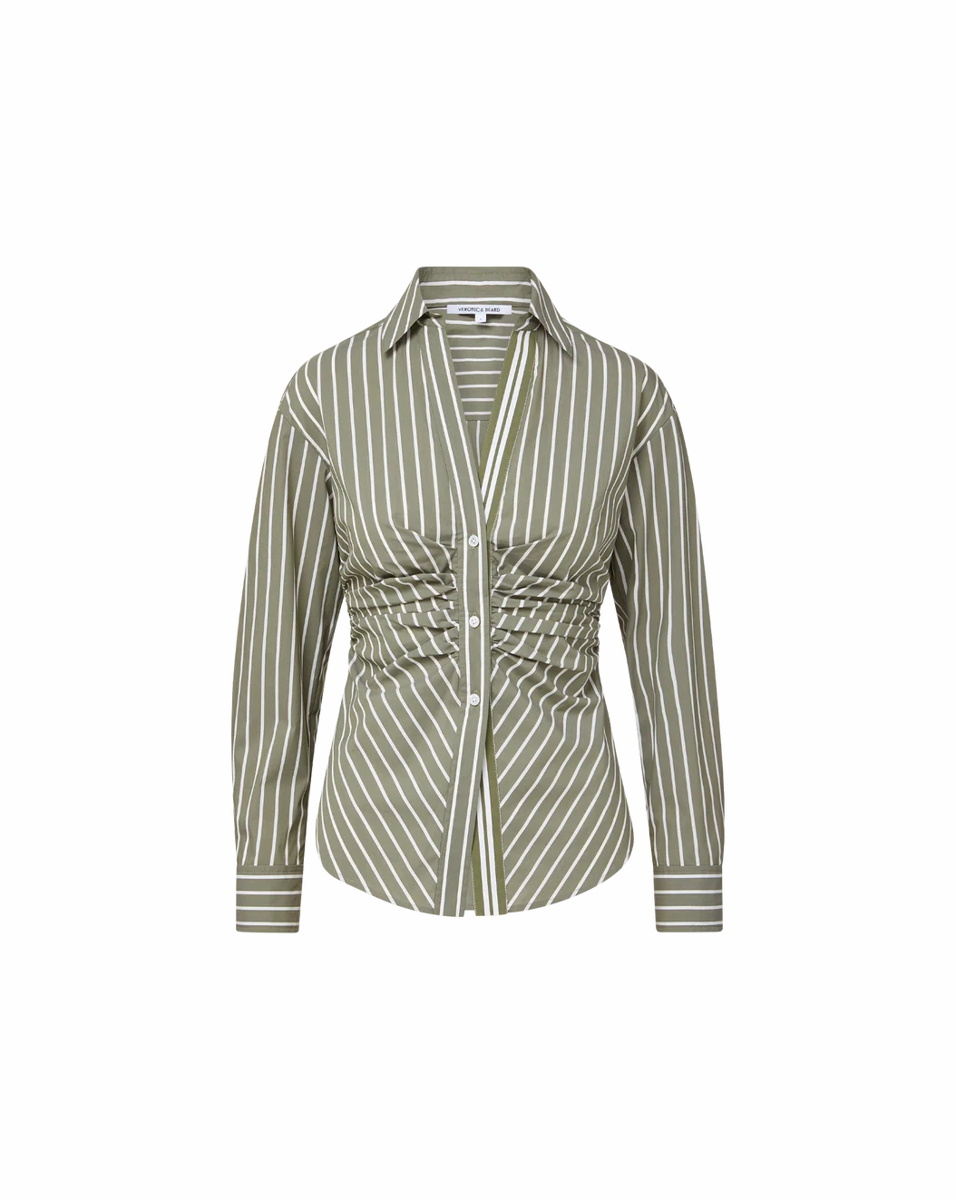 Devra Ruched Button-Down Shirt Stone Army/White Structured Shoulder