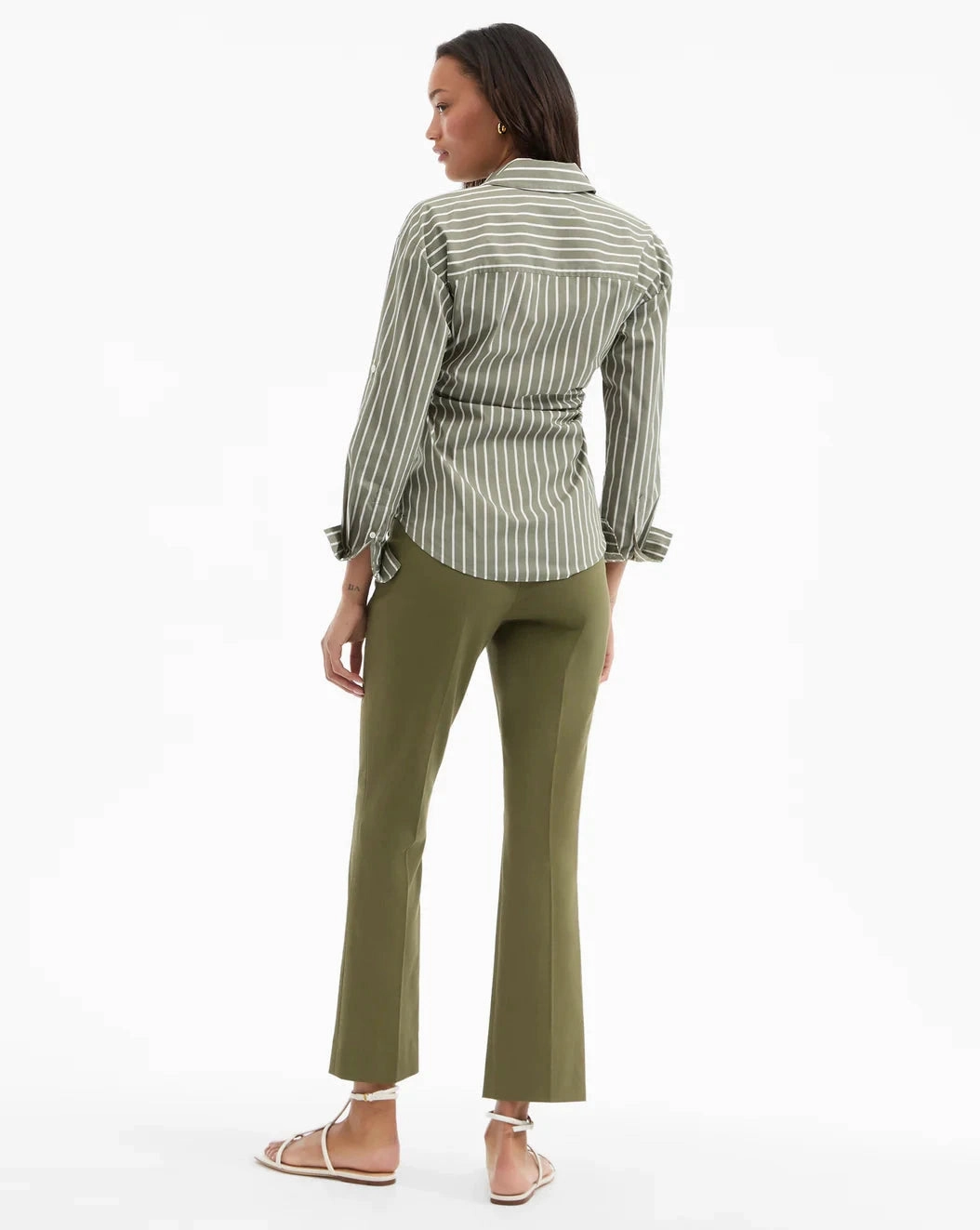 Devra Ruched Button-Down Shirt Stone Army/White DoubleLayered Collar