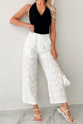 Flexible Waist Rise & Shine Floral Embroidered Wide Leg Pants (White)