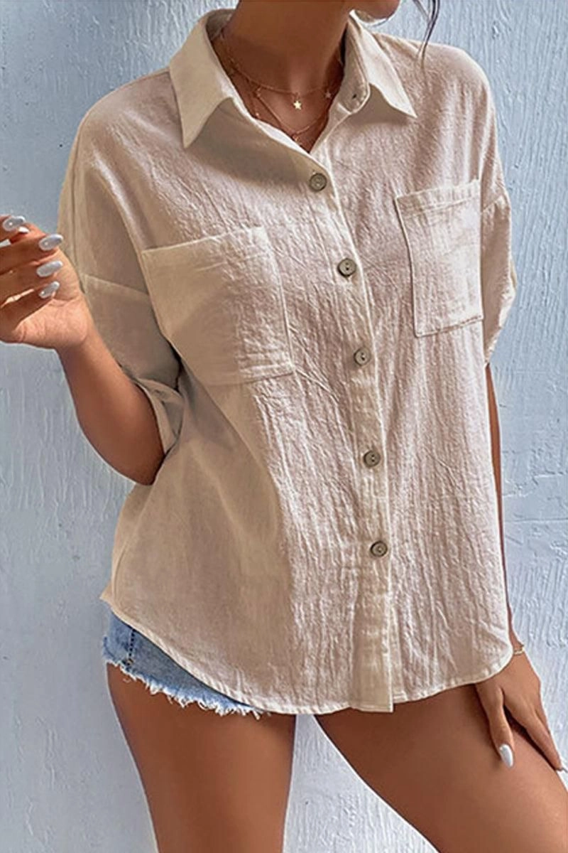 ROLL UP POCKET BUTTON UP LOOSE COLLAR SHIRTS Microfiber Blended Fabric Non Restrictive Mobility