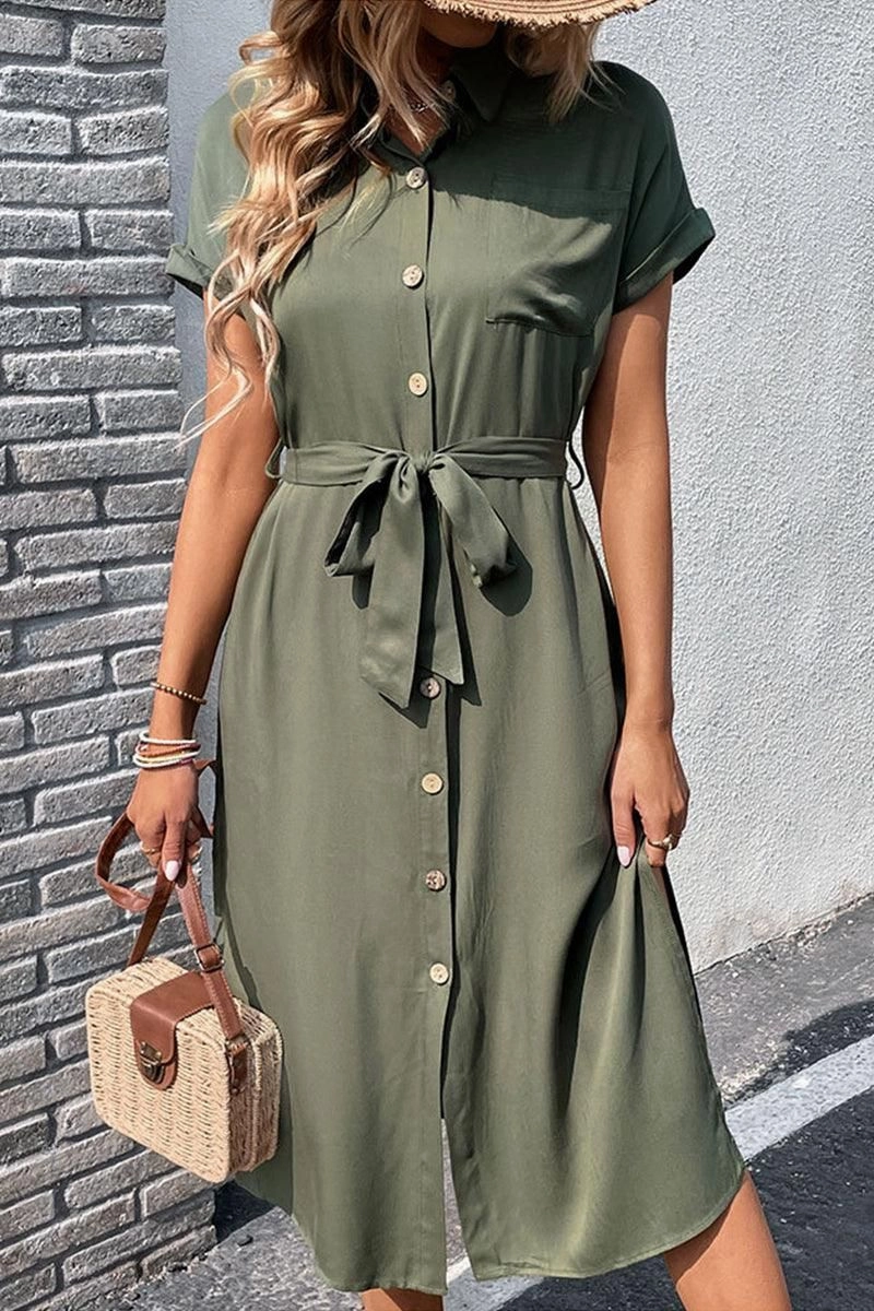 ROLL UP SLEEVE BUTTON UP BELTED SLIT DRESS Crisp Detail Quiet Luxury