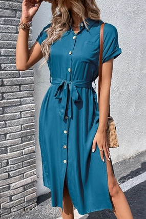 ROLL UP SLEEVE BUTTON UP BELTED SLIT DRESS Elegant Fit