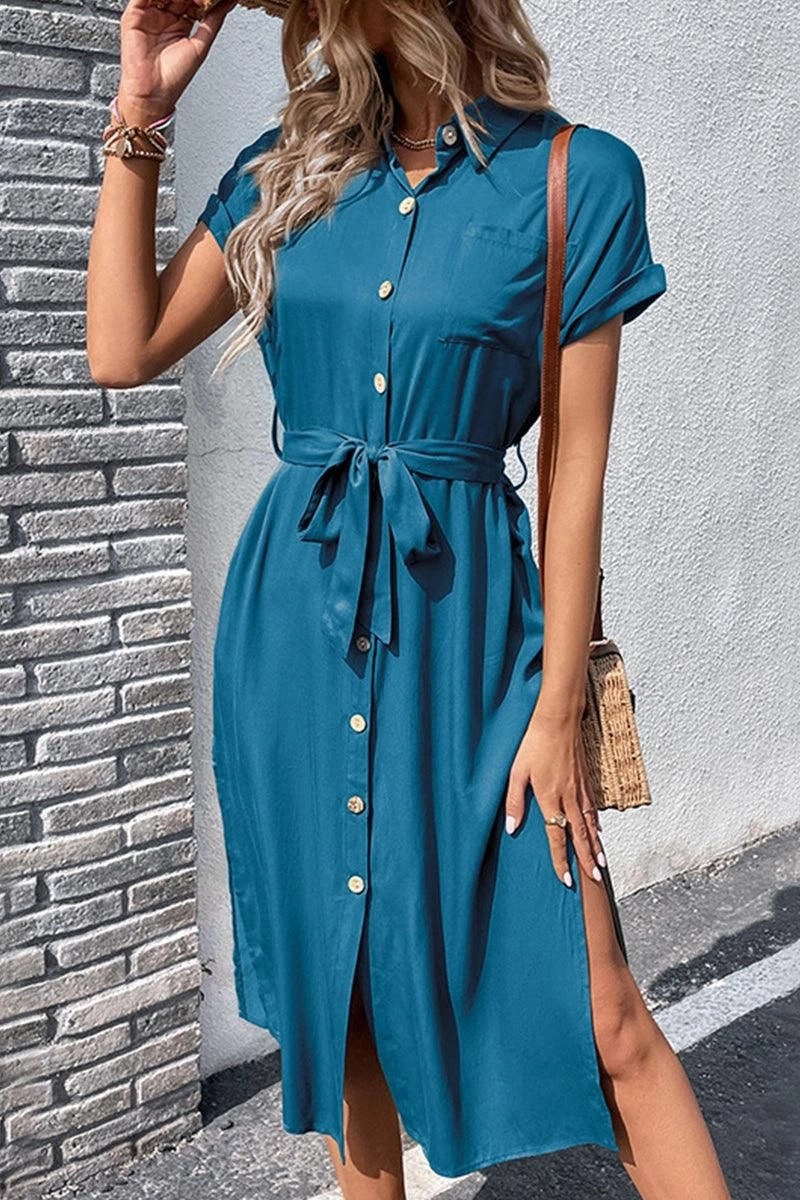 Everyday Comfort Shine Moment ROLL UP SLEEVE BUTTON UP BELTED SLIT DRESS