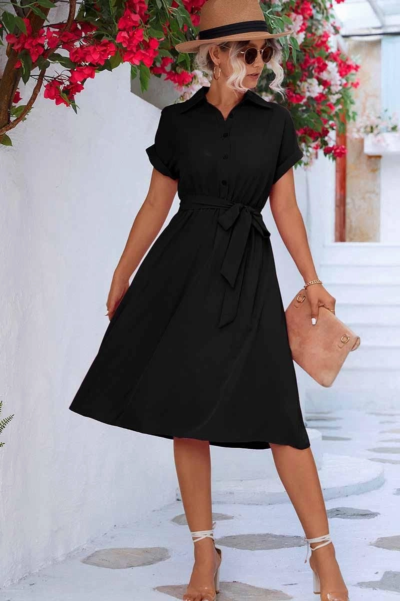 ROLL UP SLEEVE TIED WAIST FLARE SHIRTS DRESS Mature Glam Classic Touch