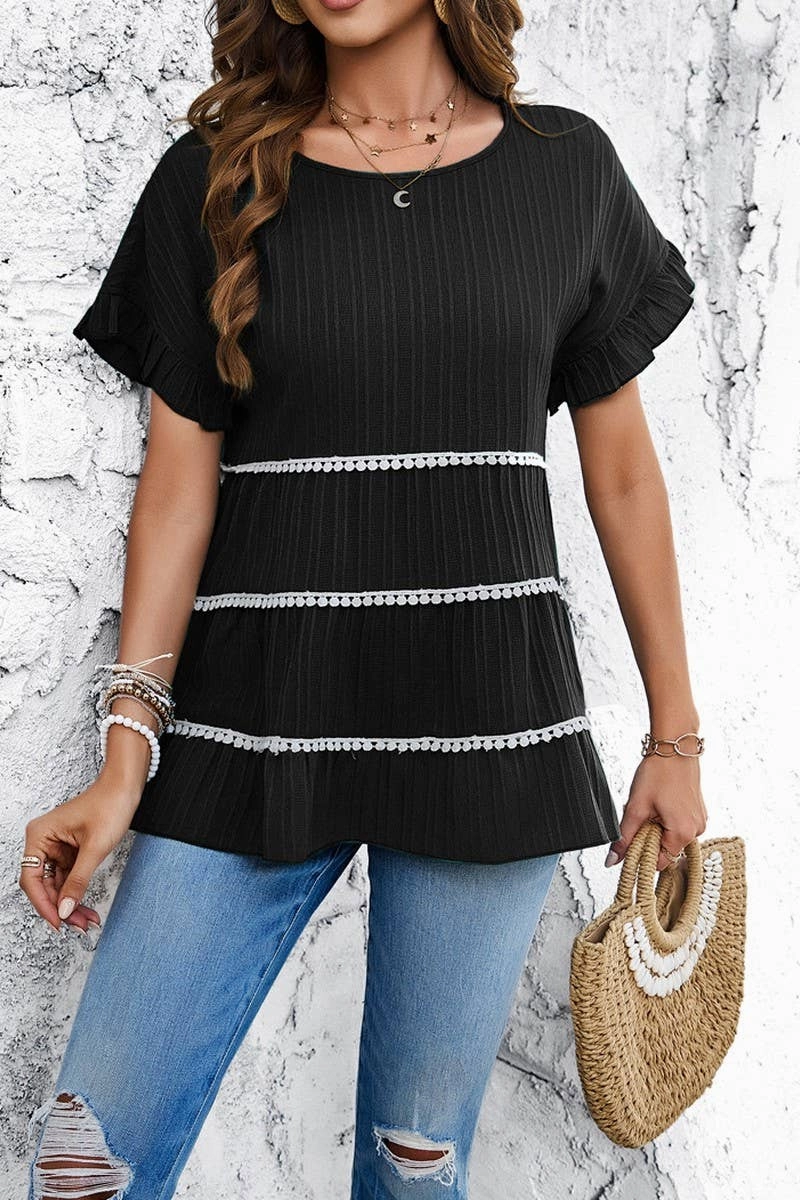 Curved Hem AntiFade Treatment CASUAL LOOSE WAVE STRIP SHORT SLEEVED TOP_CWTSTS0322