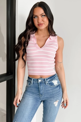 PaddedInsulation StainResistantFinish Simple But Stylish Sleeveless Striped Top (Light Pink)