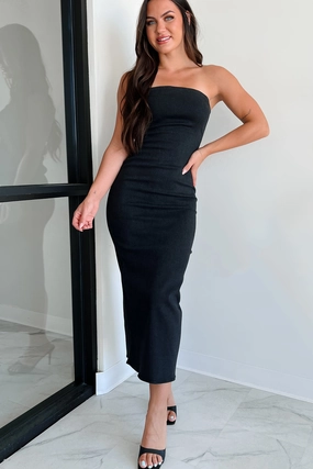 The Total Package Strapless Denim Midi Dress (Black) Peace Glow Breath Ease