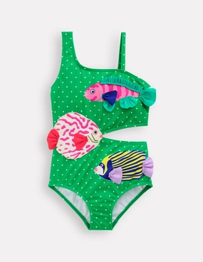 Adventure Seeker Zipper-Front Lettice Cut Out Swimsuit-Bright Green Pin Spot Fish
