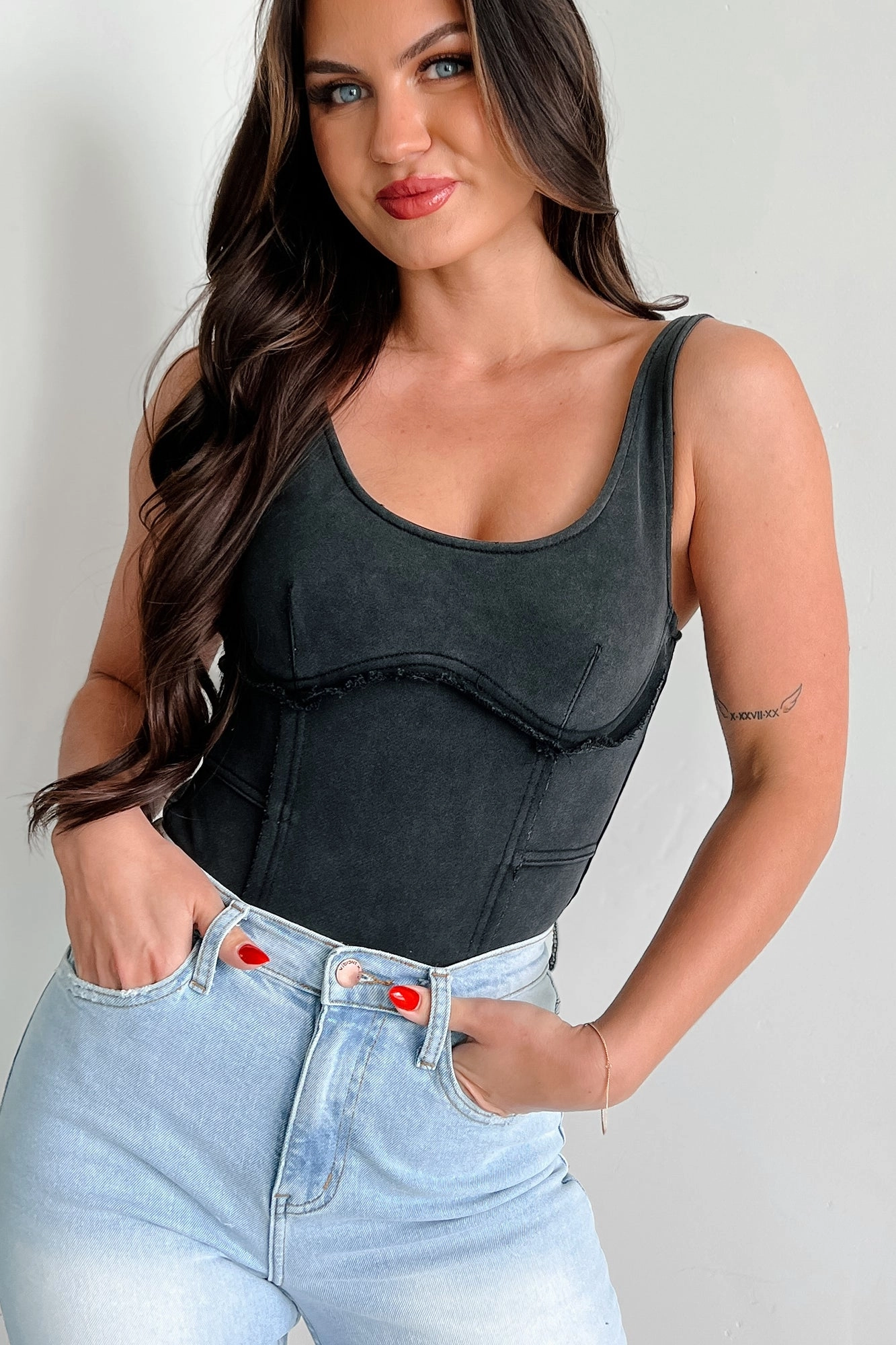 Anti Odor Finish Rough Around The Edges Raw Edge Tank Bodysuit (Black)