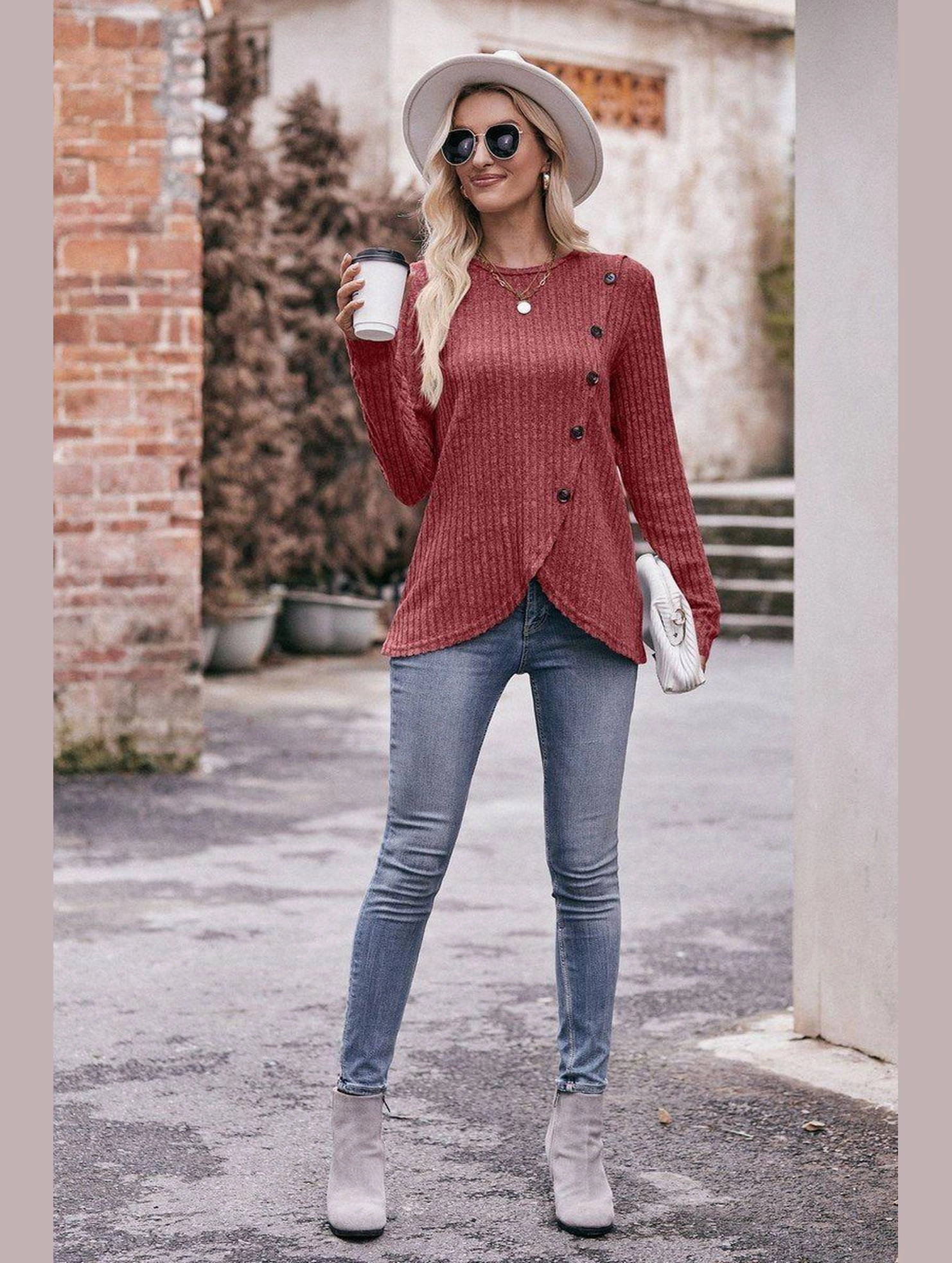 ROUND NECK BUTTON FITTING CORDUROY PULLOVER DroppedShoulder Versatile Design