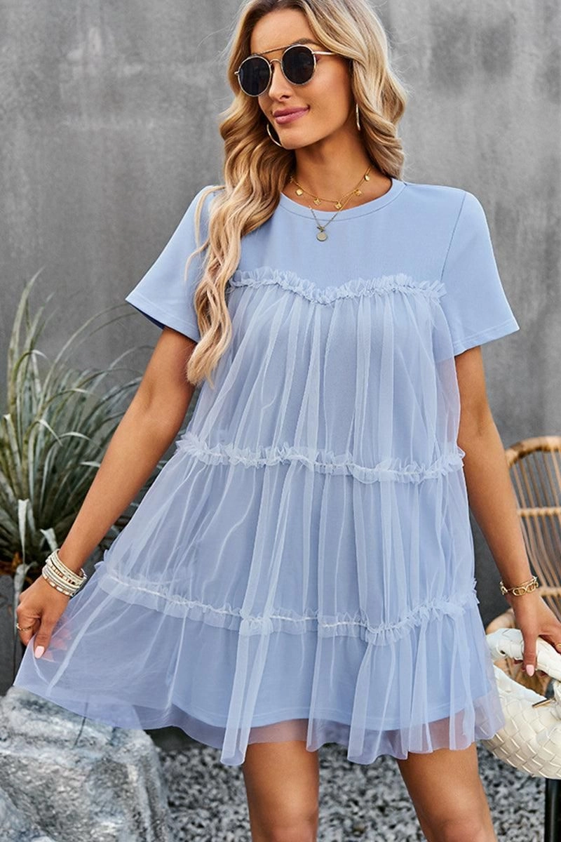 ROUND NECK GAUZE SPLICING SHORT DRESS Daily Essential Comfortable Cut