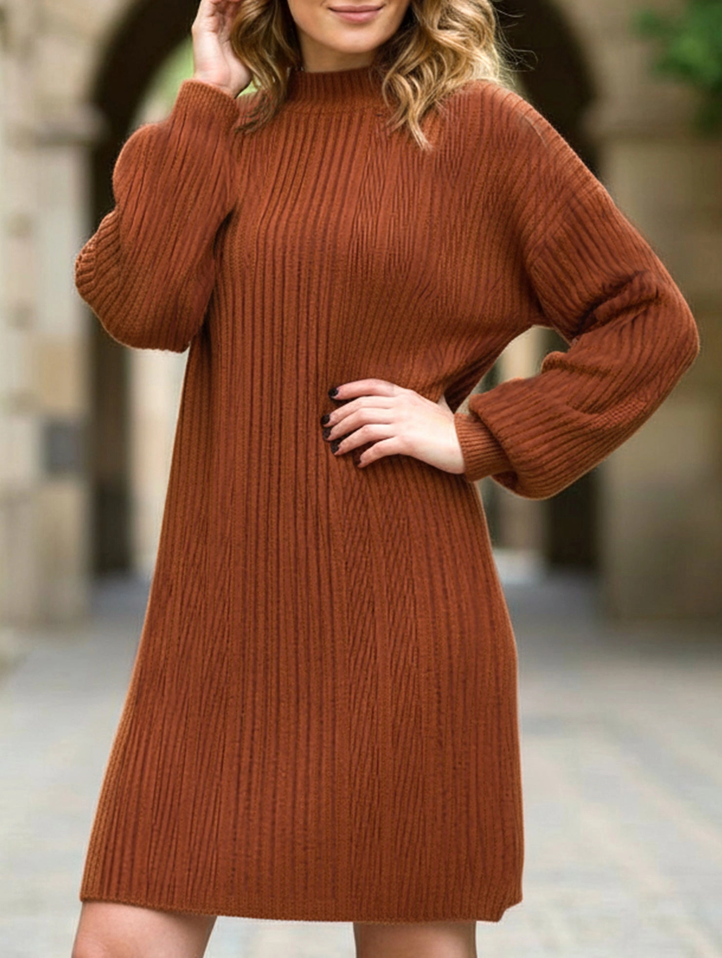 High-Neck Fluid Fabric Round neck long sleeve versatile dress
