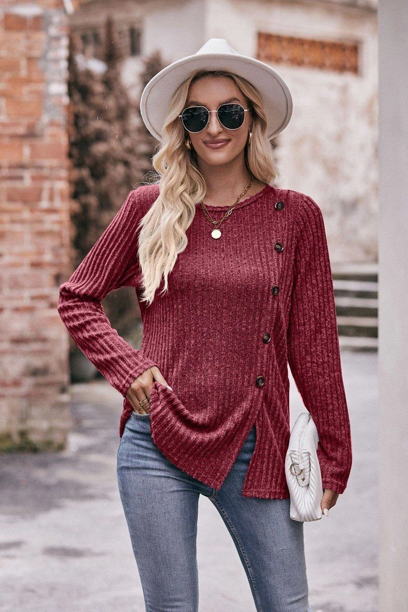 Timeless Cut ROUND NECK SIDE BUTTONED LONG LENGTH KNIT TOP
