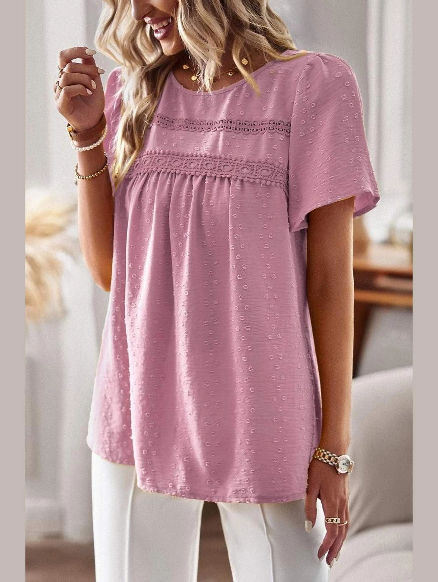 Flexible Ribbed Cuffs LayeredNeckline ROUND NECK SPLICED LOOSE BLOUSE