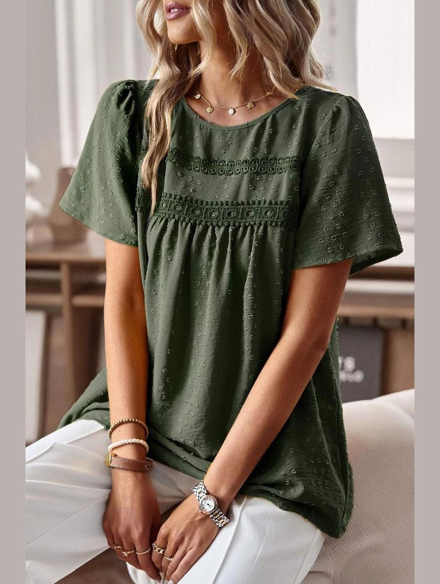 Tunic top ROUND NECK SPLICED LOOSE BLOUSE