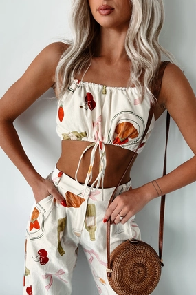 French Bistro Printed Drawstring Crop Top (Ivory) NonChafing Fabric