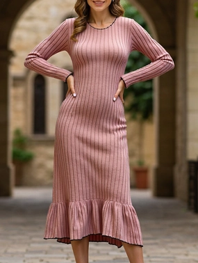 Ruffle hem solid color long sleeve dress Non-Iron