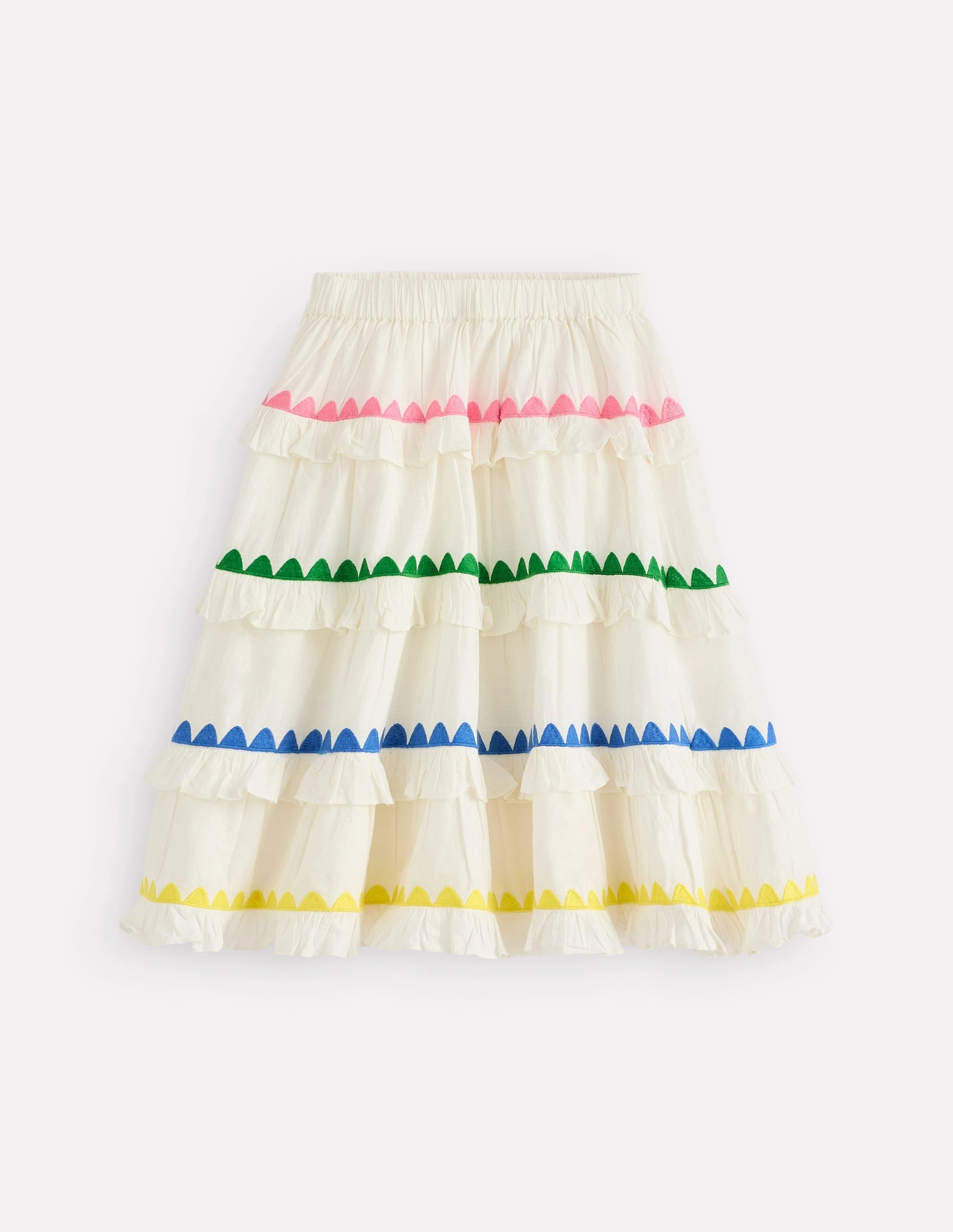 Resort Vacation Ruffle Midi Skirt-Soft Ivory Rainbow