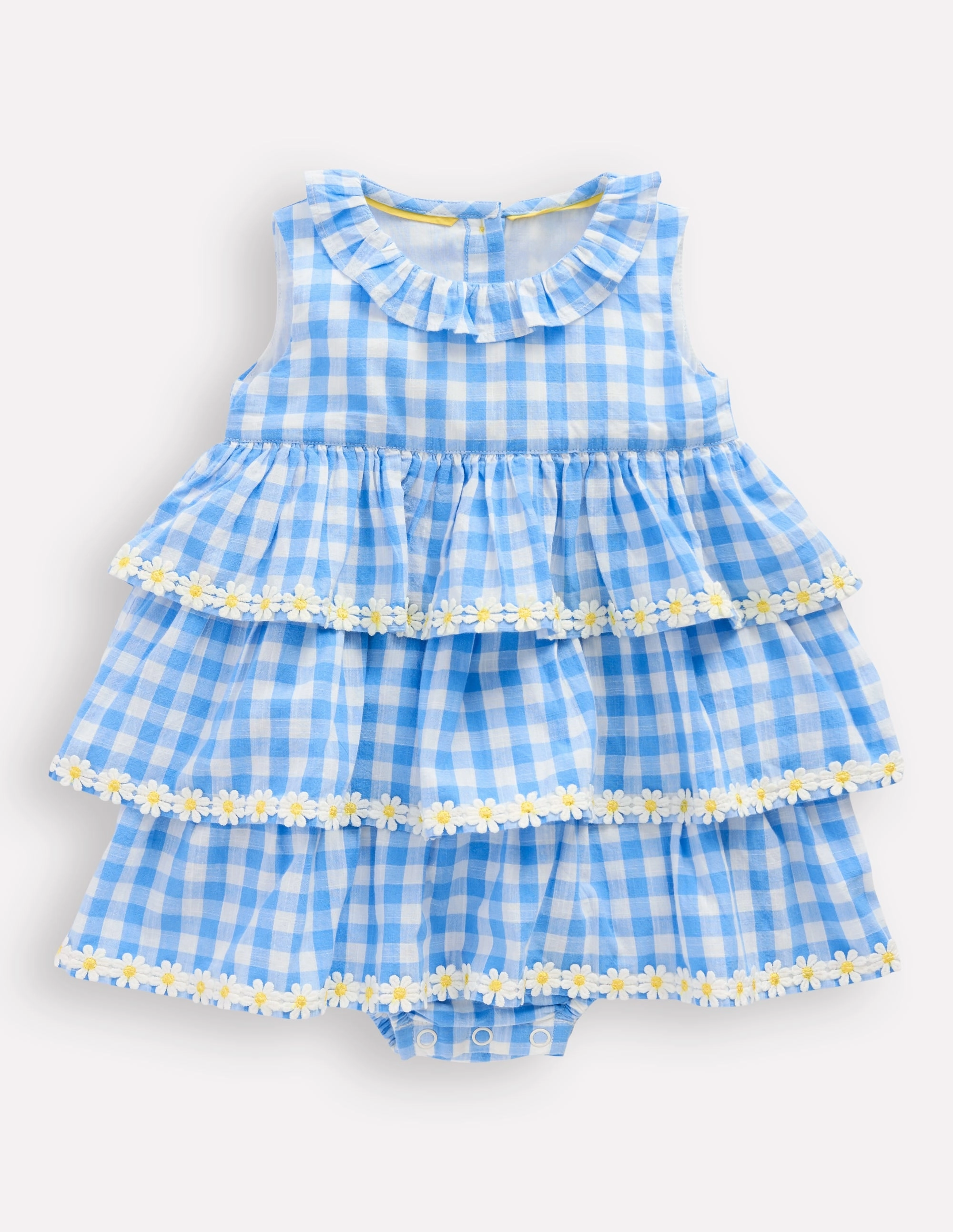 Ruffle Woven Romper-Gingham Daisies Premium Family Office work