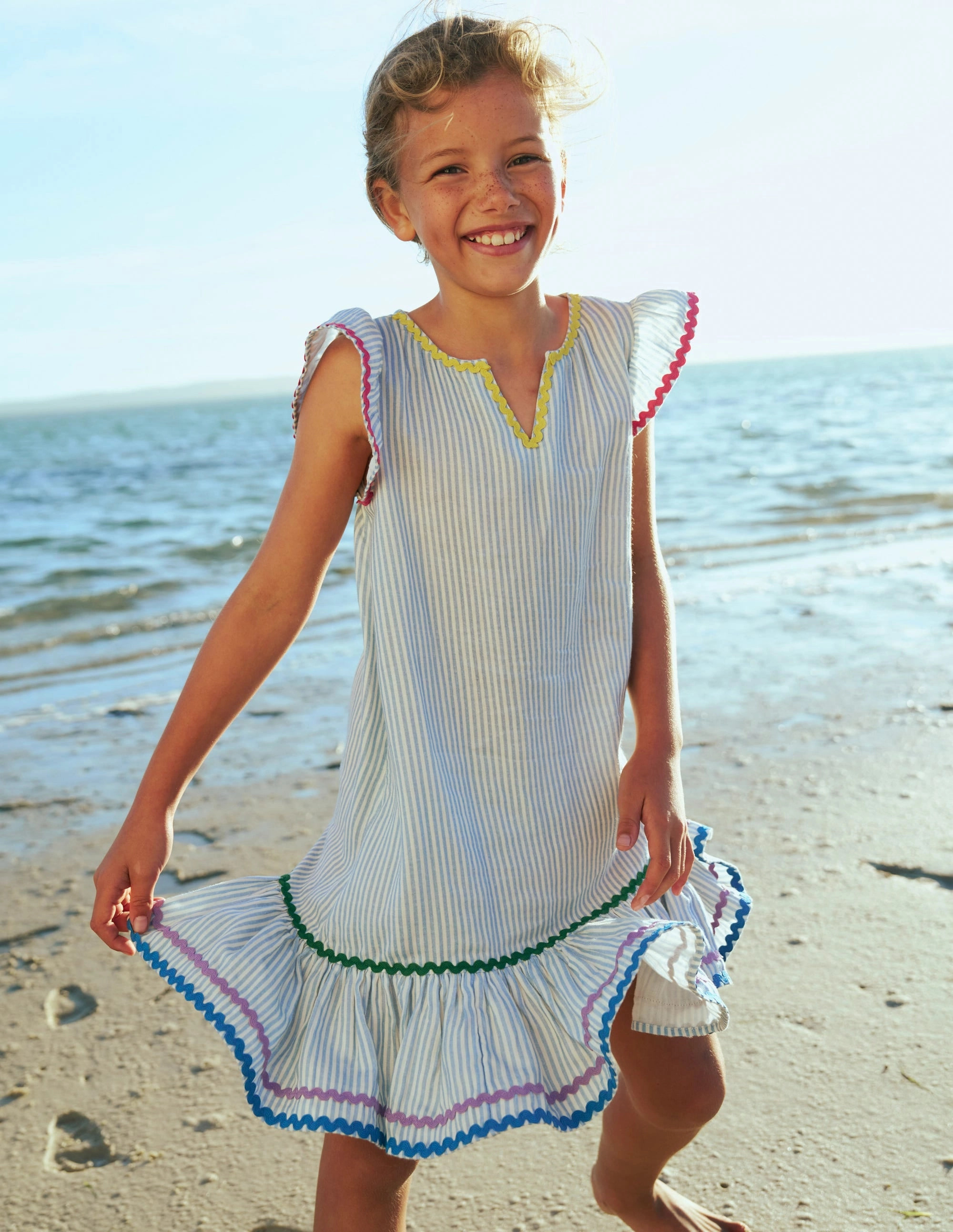 Emmy Woven Beach Dress-Blue Ticking Stripe Full Coverage Statement-Buttons