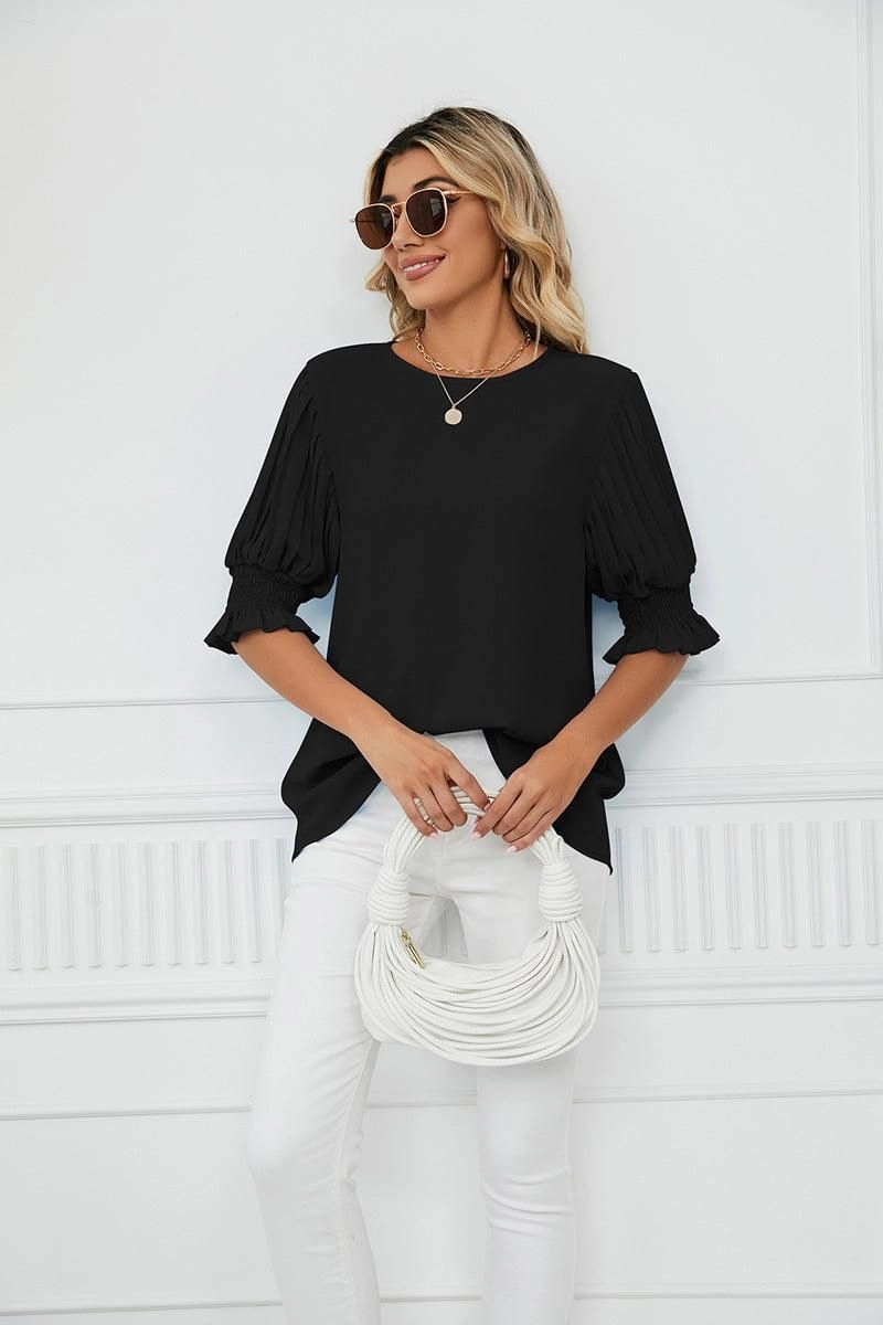 Stretch Woven Material Eco friendly materials RUFFLED PUFF SHORT SLEEVE LOOSE CHIFFON BLOUSE