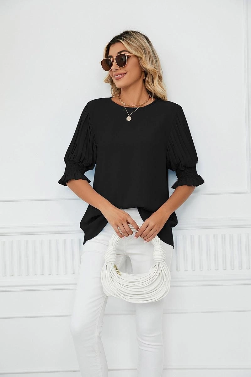 AllSeason Wearability RUFFLED PUFF SHORT SLEEVE LOOSE CHIFFON BLOUSE