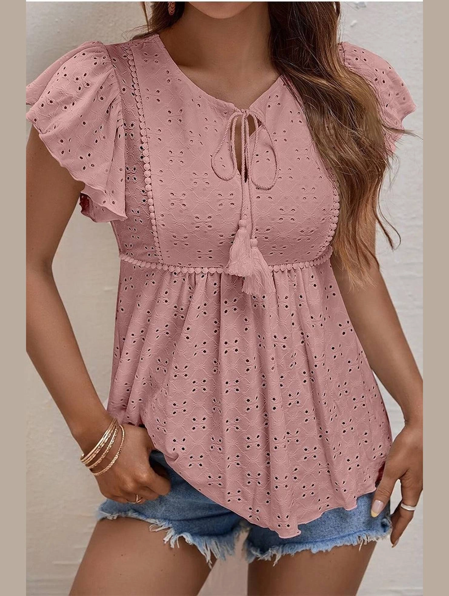 RUFFLED SLEEVE TIE NECK TUNIC TOP Hidden Zipper Pocket