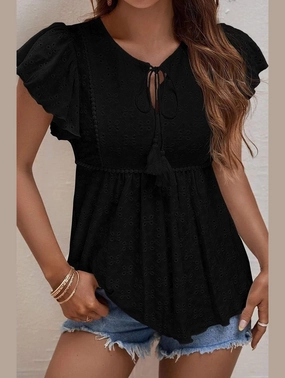 Metallic Fiber Blend RUFFLED SLEEVE TIE NECK TUNIC TOP