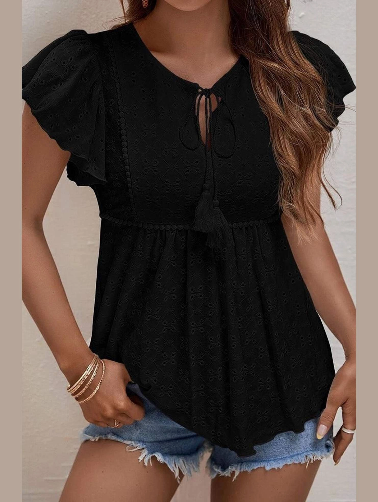 RUFFLED SLEEVE TIE NECK TUNIC TOP NonRestrictiveSilhouette Odor Resistant Fabric