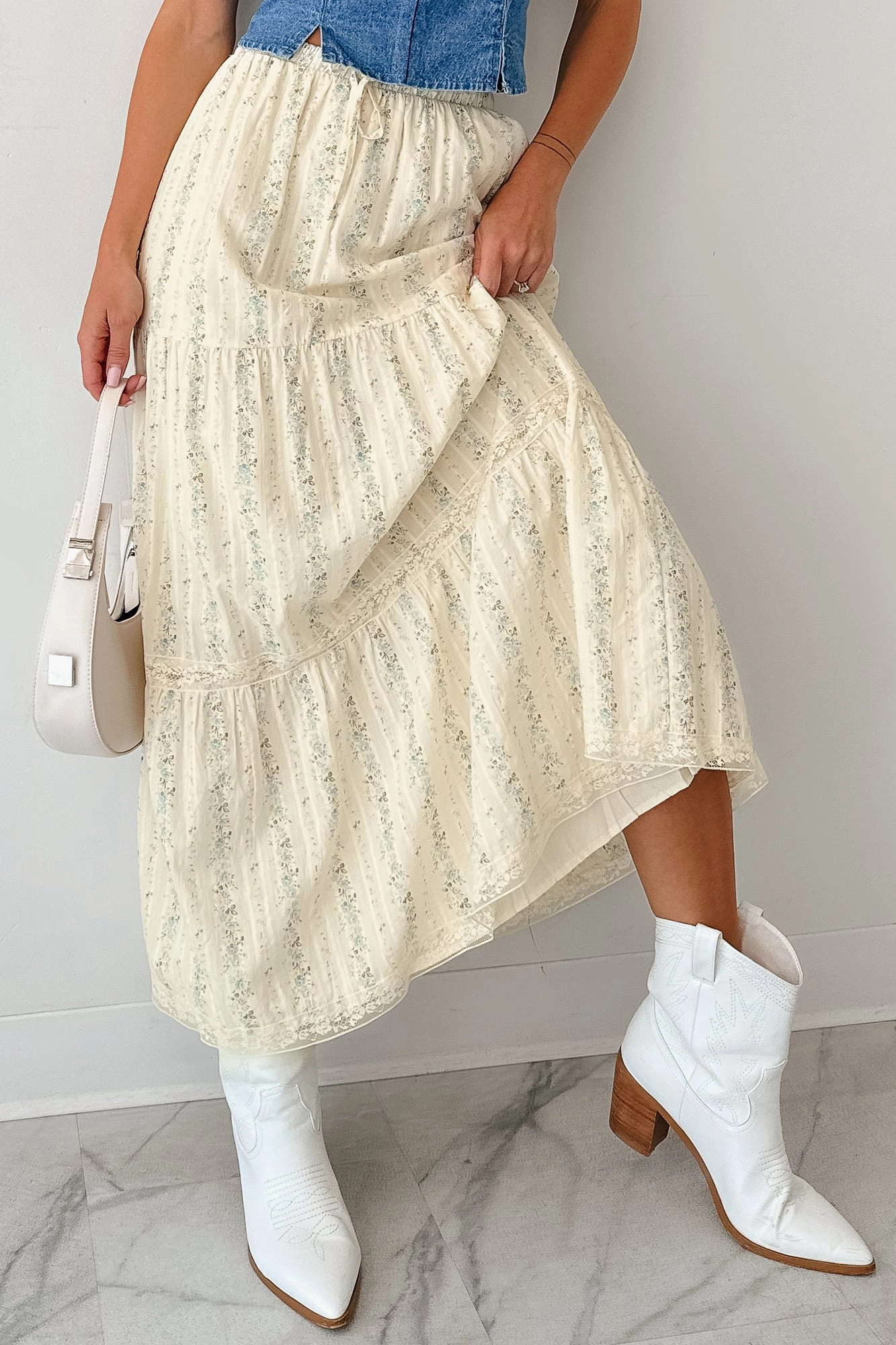 Blossom Babe Floral Tiered Maxi Skirt (Ivory) SlimFit Quick Access