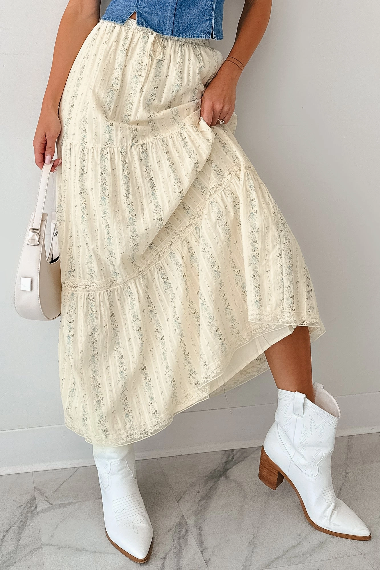 Cool Touch Adjustable Hem Blossom Babe Floral Tiered Maxi Skirt (Ivory)