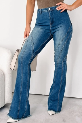 Wrinkle Resistant Finish Rural Retreat Seam Detail Flare Jeans (Medium Wash)