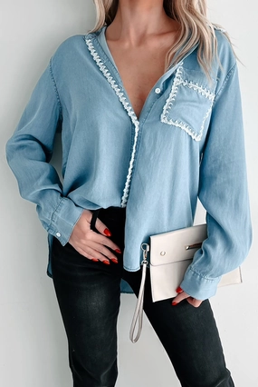 Rustic Charm Embroidered Edge Denim Chambray Shirt (Denim Blue) Anti Odor Finish FeatherlightConstruction