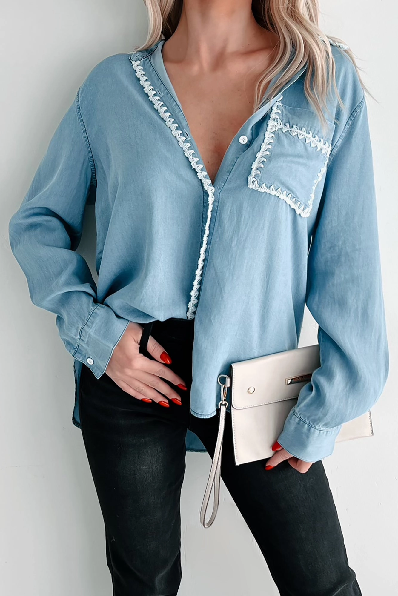 EcoFriendly Dye Reinforced Seams Rustic Charm Embroidered Edge Denim Chambray Shirt (Denim Blue)