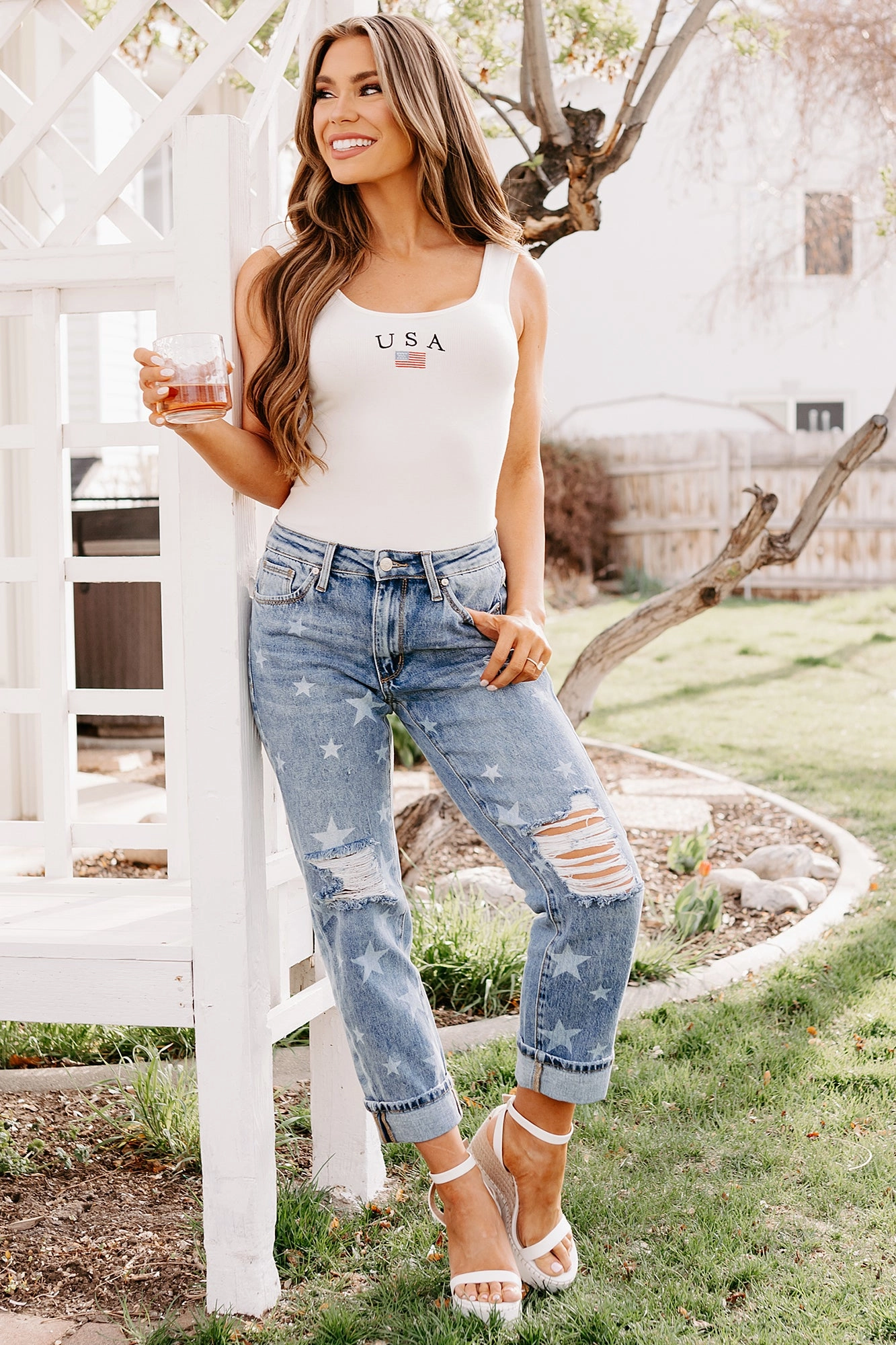 Ruth Star Print Distressed Saige Jeans (Medium) Body Fit