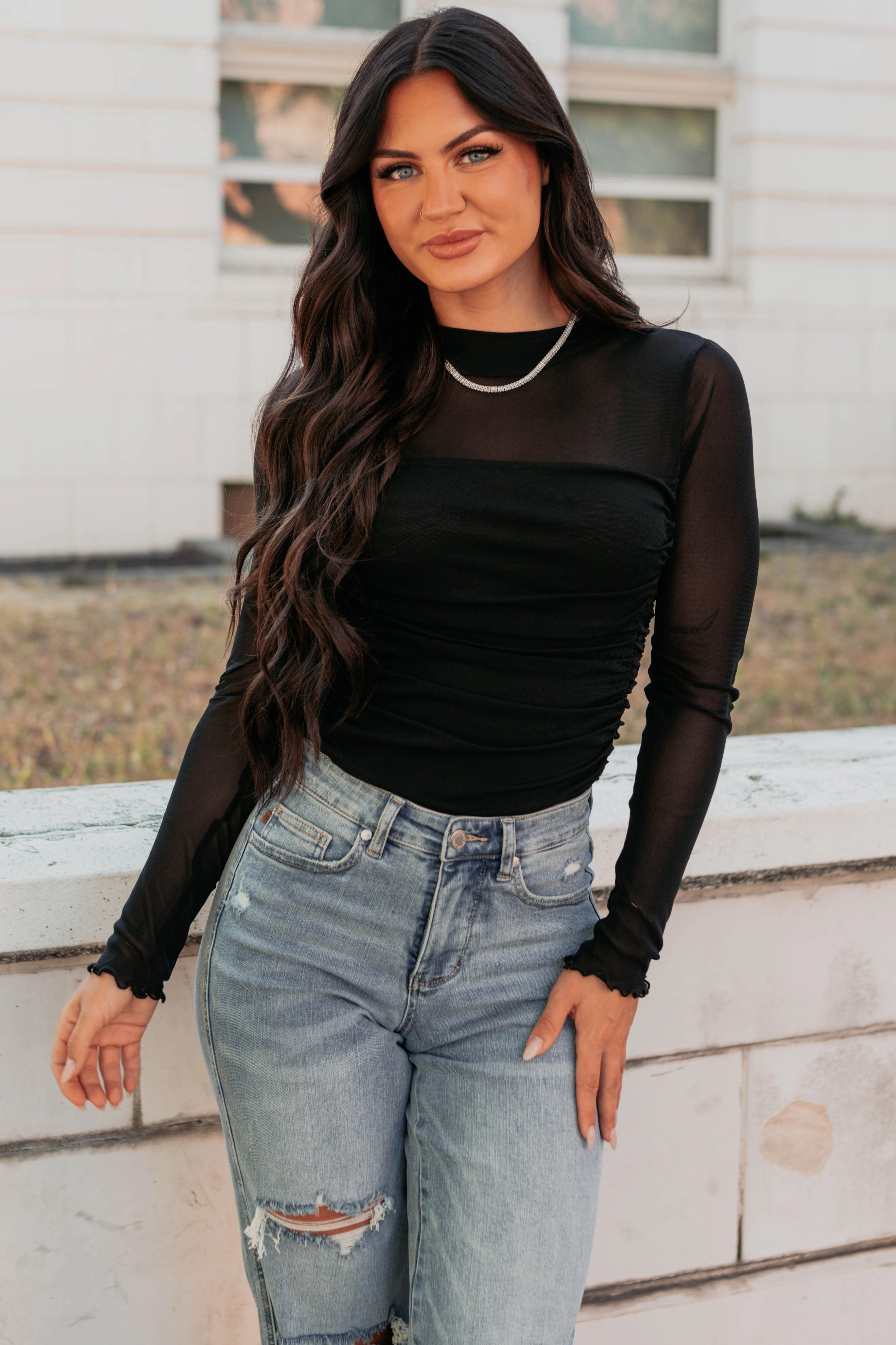 Ruthie Ruched Mesh Bodysuit (Black) Low Profile Zipper Denim Shirt