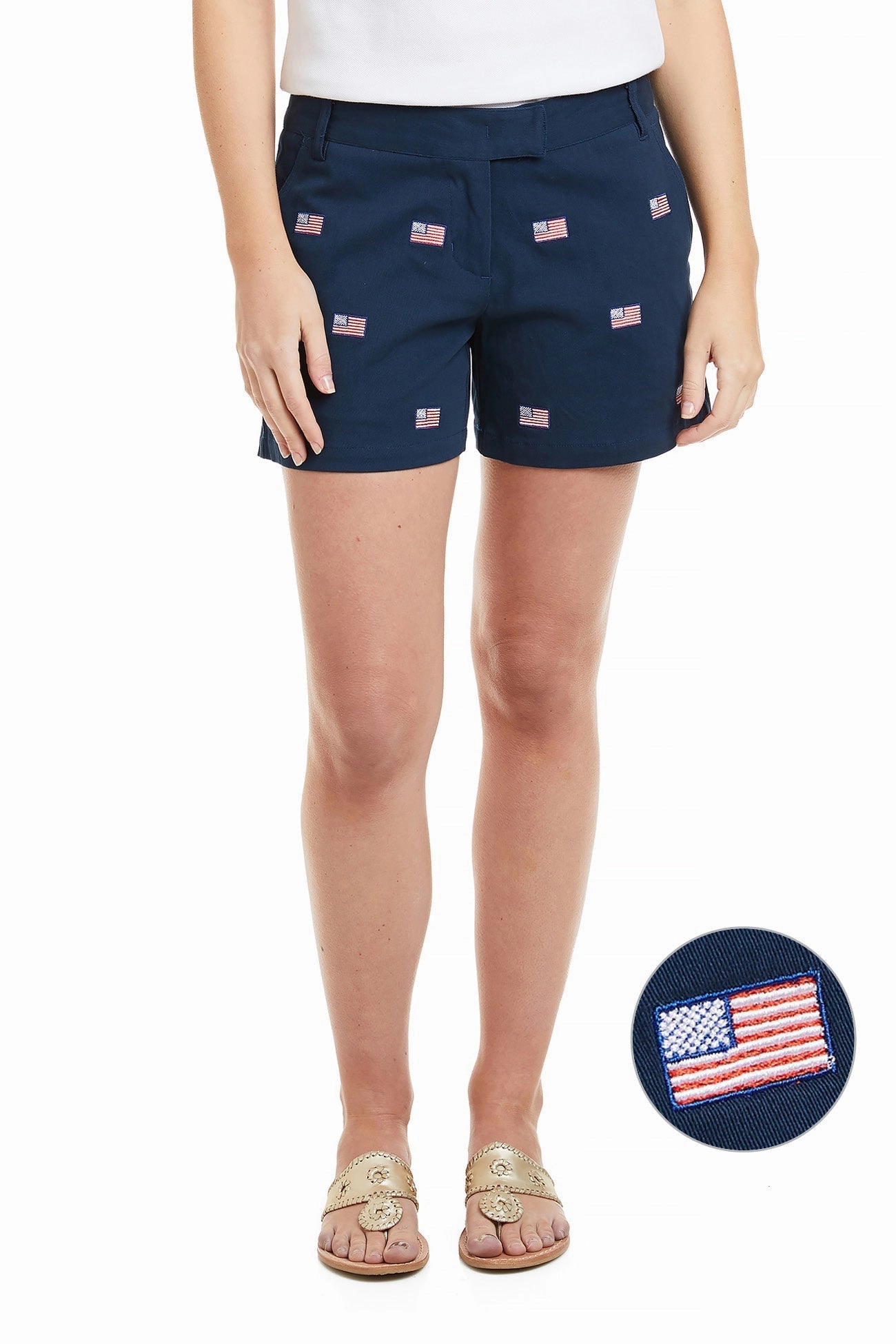 Durable Weave Fabric earthy shades Sailing Short Stretch Twill Nantucket Navy with American Flag