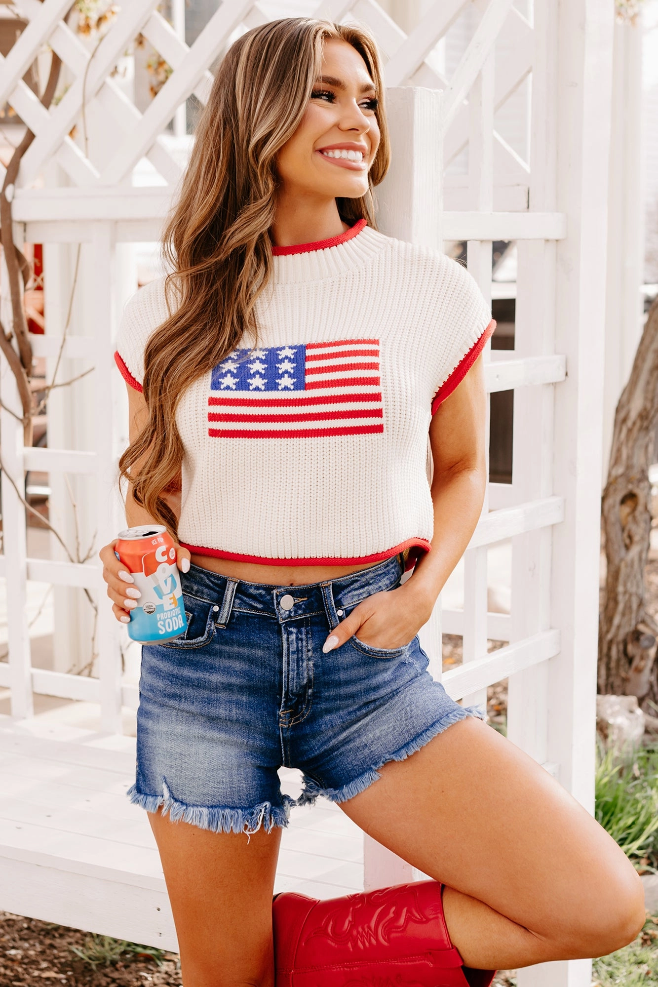 Flexible Knit Fabric Layered Neckline Details Salute The Flag American Flag Sweater Top (Cream)