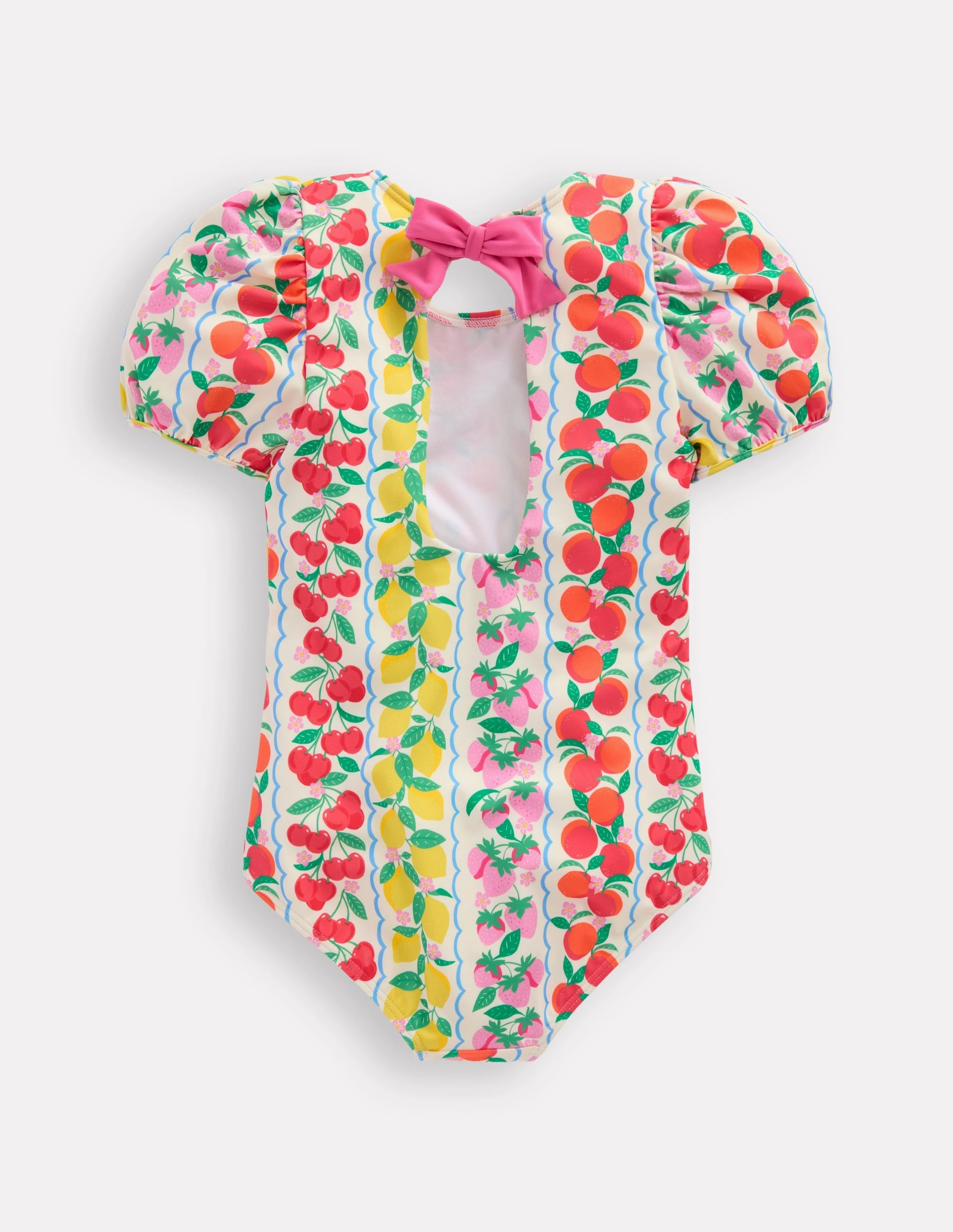 Vacation-Gear Rash Free Flatlock Stitching Sandy Puff Sleeve Swimsuit-Rainbow Fruit Stripe