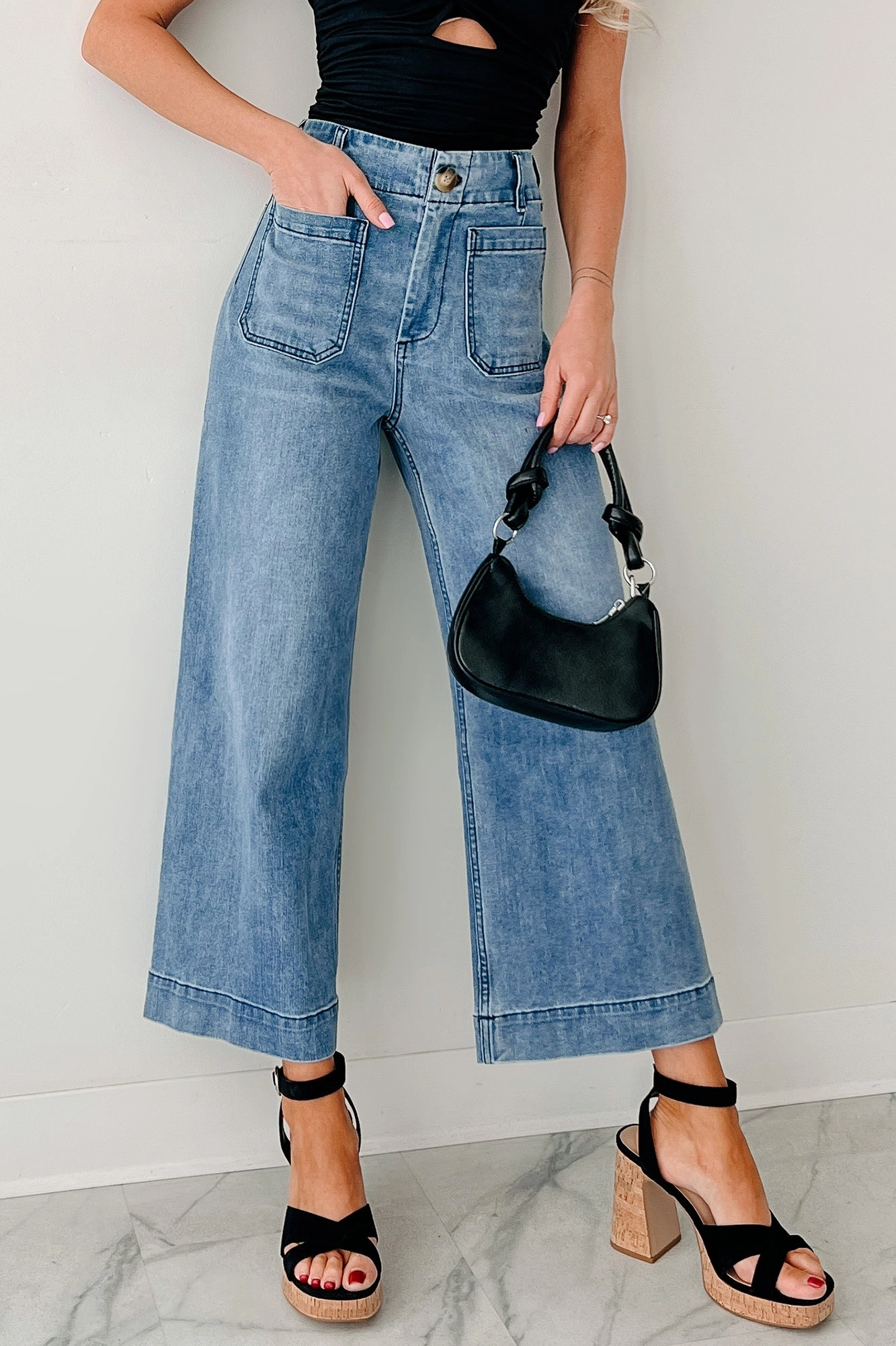 Elastic Cuff Saylor High Rise Wide Crop Jeans (Dark)