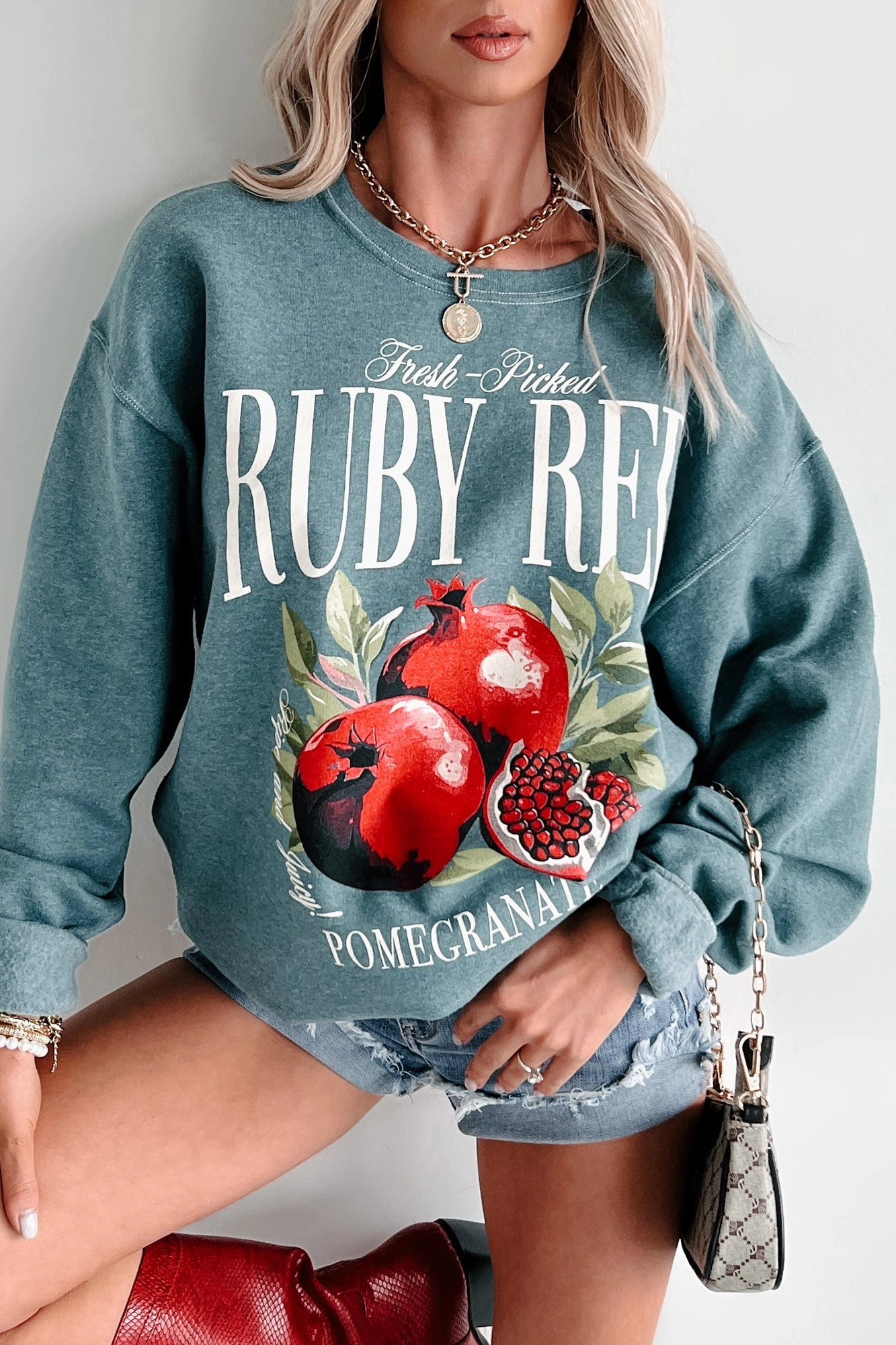 "Ruby Red Pomegranate" Graphic Sweatshirt (Silver Pine) DoubleStitchedHem FourWayStretchFabric