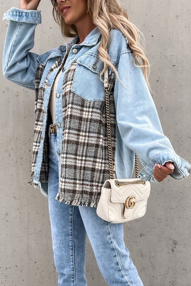 WOMEN DENIM PATCHWORK PLAID JACKET100% POLYESTERSIZE S(2)-M(2)-L(2)-XL(2)MADE IN CHINA Classic Polo Stylish Jacket