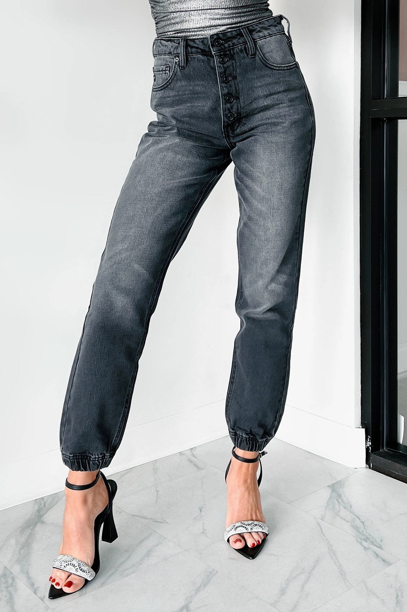 Sean High Rise Button Fly Kancan Jogger Jeans (Grey) FlexibleMobility