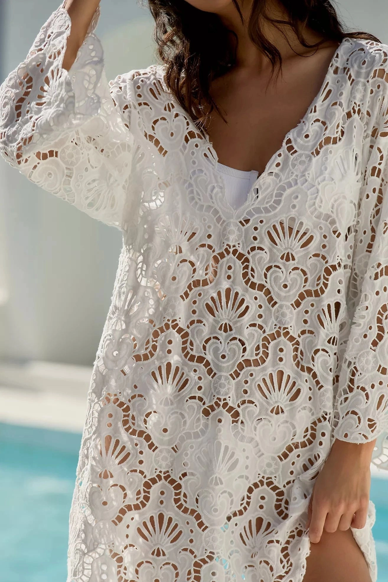 Rural Charm Lightweight Fabric Seashell Eyelet Mini Dress White