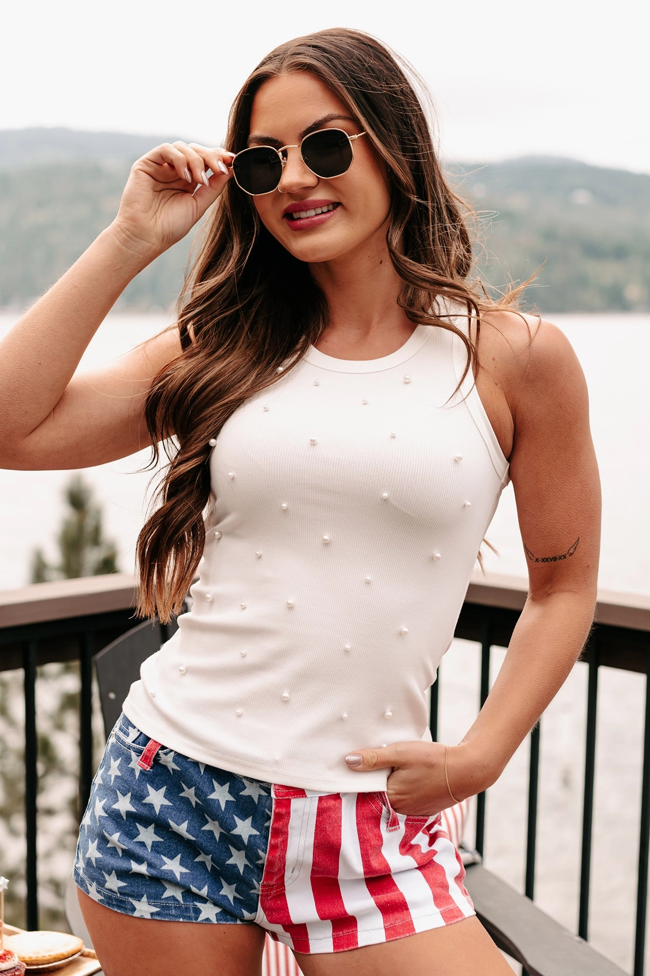 Seaside Sweetie Pearl Beaded Tank Top (White) Stretch waistband