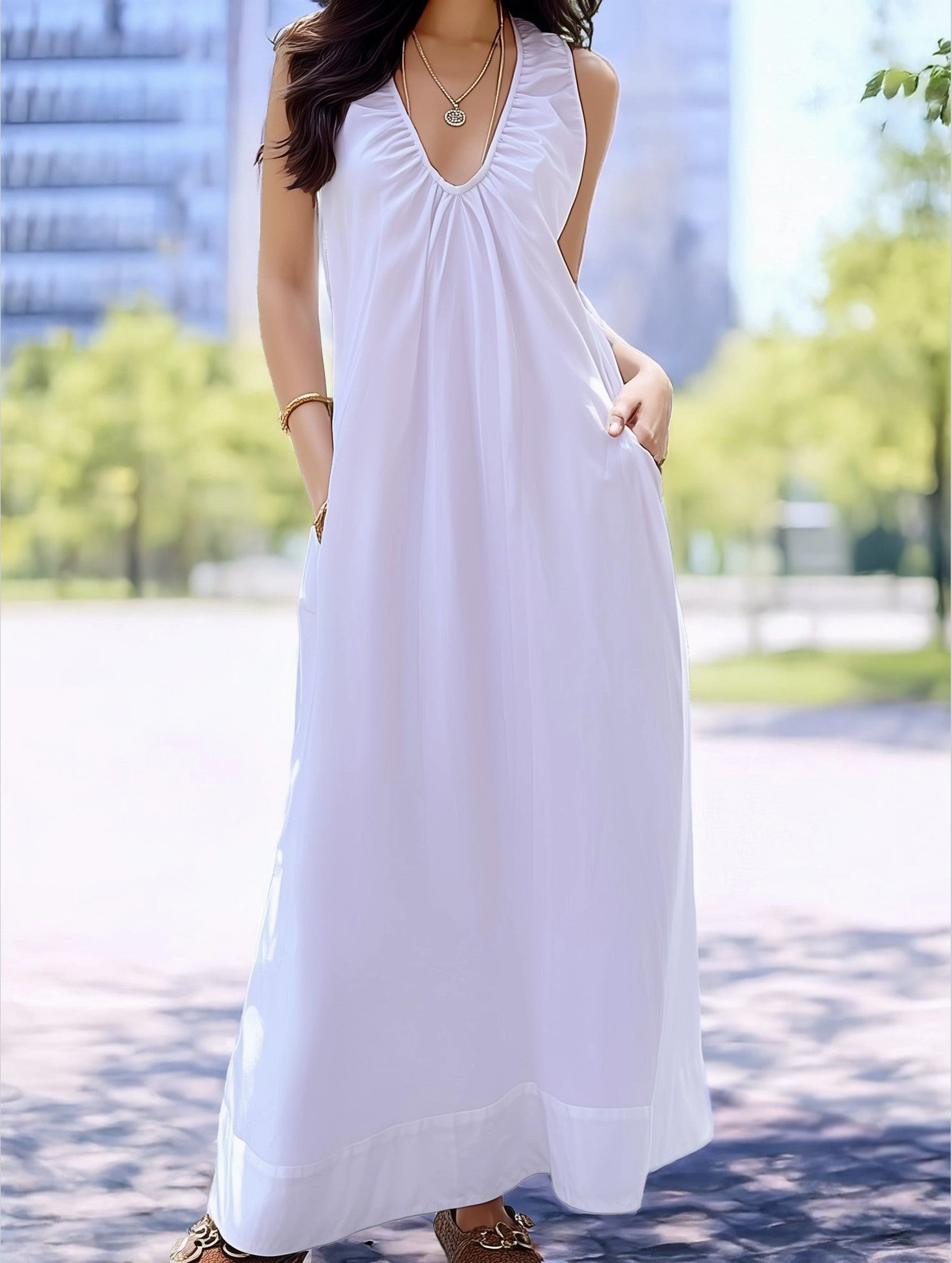 Dreamy Silhouette Seaside Vacation Sleeveless U-Neck Maxi Dress ??Flowy Resort Style
